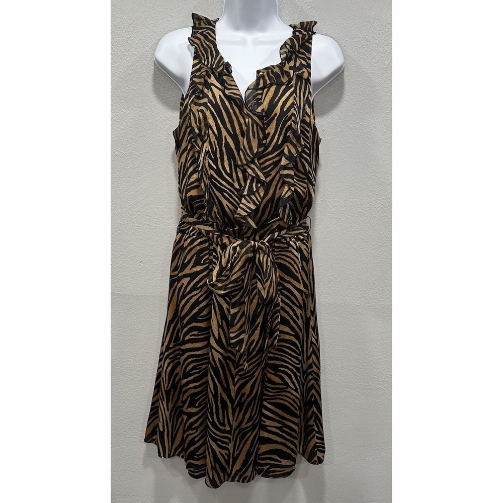 White House Black Market Satin Dress Size 8 Black Tiger Stripe Sleeveless Belted